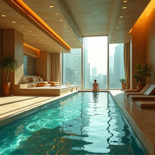 Anime depiction of a futuristic mega mansion onsen interior. The scene shows a luxurious oversized indoor pool and an individual relaxing. Morning light illuminates the space with a gold and black color scheme.