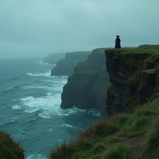 A mystical witch looks over the stormy sea from a high cliff on the Irish coast. The camera arcs around her, capturing the dramatic scenery.