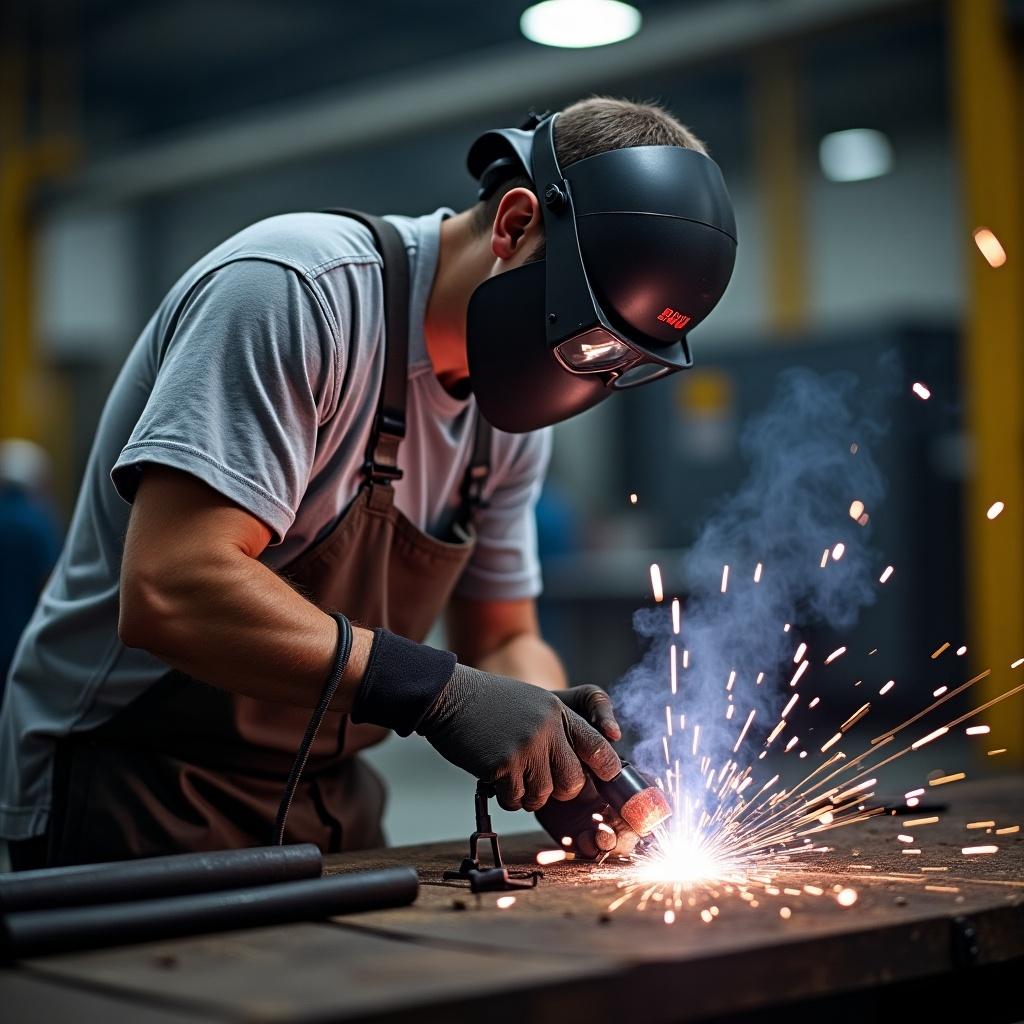 Worker in grey shirt with MAG Unified logo welding. High quality equipment and safety gear used. Sparks visible from welding process.