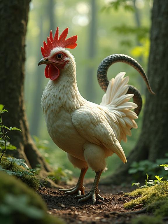 A hybrid creature combines attributes of a chicken and a snake. Features a spiral neck, scales on the back, and a tail resembling snake scales. The setting is a lush forest with tall trees and green undergrowth. Sunlight filters through leaves, creating a shadow-play on the ground. The creature appears vibrant and captivating, embodying a fantastical essence.