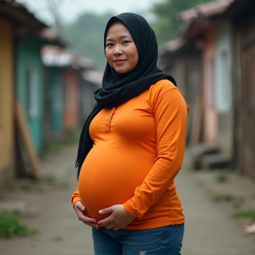 Photo depicts pregnant Indonesian woman with a large belly. She wears a hijab and an orange long sleeve shirt with skinny jeans. Background shows a poor neighborhood.