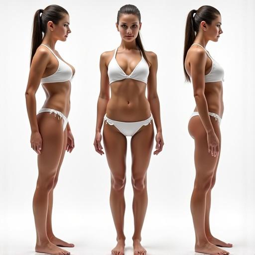 Female model in a white bikini displayed from multiple angles. Slim and athletic build with defined features. Standing upright