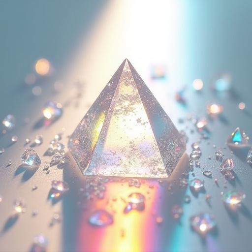 Dynamic scene showcases a white lighting ray passing through tiny broken glass on a light surface. Prism scatters light into a vibrant colorful spectrum. Background features a white surface enhancing prismatic burst. Scattered reflections dance across the surface. Viewed from above, the form appears two-dimensional.