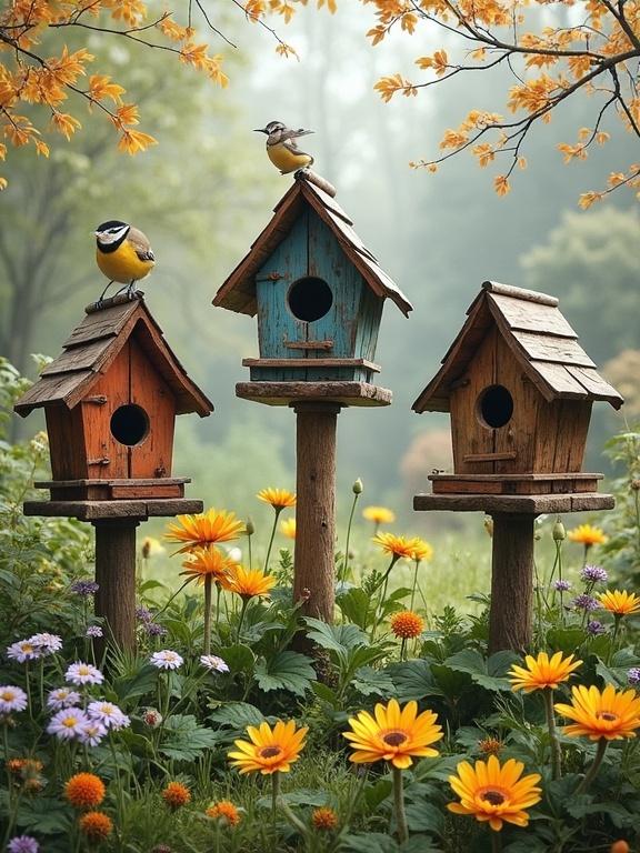 Birdhouses are placed in a spring garden. Colorful flowers surround the birdhouses. Birds perch on top of the birdhouses. Soft lighting creates a warm feeling. Seasonal colors are present in the scene.