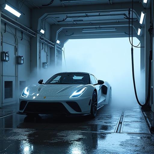 A car wash designed for advanced vehicles in a futuristic setting. The scene features a sleek, spaceship-like car positioned within a high-tech wash bay. Bright lights and an industrial environment enhance the modern look.