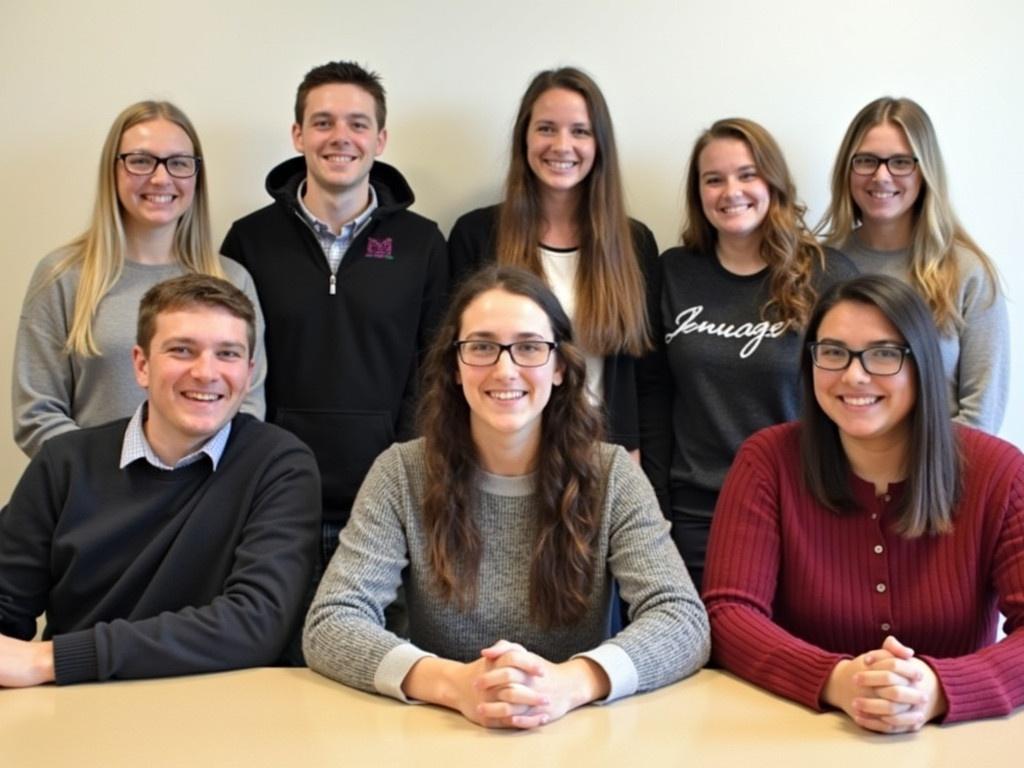 The image shows a group of individuals arranged in a classroom setting. They are posing for a photo, with several people sitting at a table and others standing behind them. Most individuals are wearing casual or semi-formal clothing. The background features a plain wall. The atmosphere appears relaxed and jovial, indicating a friendly gathering, likely among friends or classmates. The lighting is bright, contributing to the overall cheerful ambiance of the image.