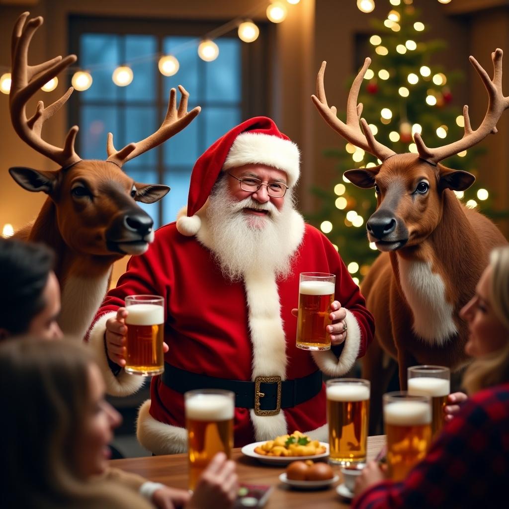 Santa Claus celebrates Christmas with reindeer while enjoying beers with friends. Warm atmosphere with festive decorations. Table filled with food and drinks.