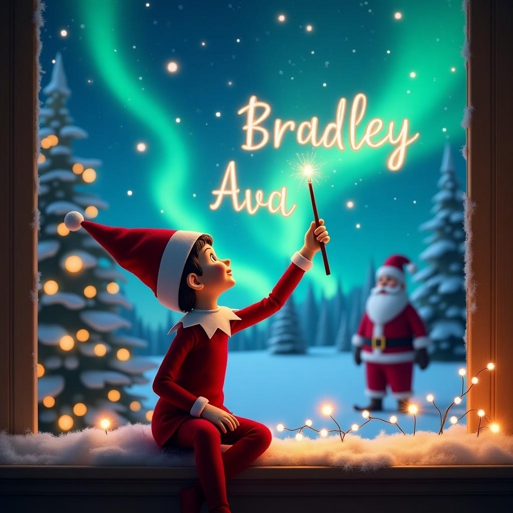 An enchanting scene featuring an elf on the shelf, depicted as a child in red attire. The elf is facing the sky, using a magic wand to elegantly write the names 'Bradley' and 'Ava' in the air. The background boasts a magical Christmas landscape with stunning northern lights illuminating the snow-covered trees. In the backdrop, Santa Claus stands cheerfully, adding to the festive spirit. This captivating image captures the essence of holiday wonder and joy, perfect for Christmas-themed content.