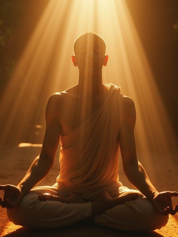 A serene figure is seen in meditation. The person is dressed in simple attire and seated cross-legged. Warm, golden light surrounds the figure. Light rays create a divine and peaceful atmosphere. The focus of the image is on the calm expression of the person. The background is softly blurred to enhance the meditative effect.