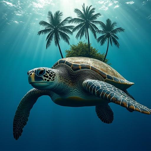 A professional photograph depicting a giant sea turtle swimming underwater with palm trees on its back. Dark colors dominate the scene, creating a vibrant and serene atmosphere.