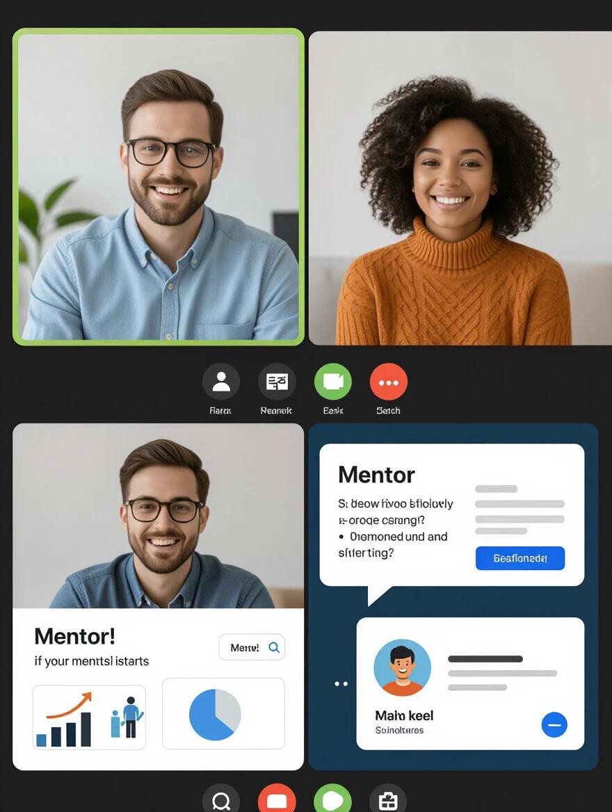 A Zoom call setup featuring a mentor and mentee engaging in dialogue. They are smiling and communicating effectively. Documents are visible on the screen, indicating collaboration. The mood is supportive and encouraging.
