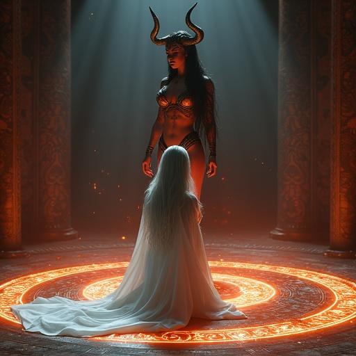 A female summoner kneels in prayer in an ancient ritual chamber. She clasps her hands and bows her head. She has porcelain skin and long silver hair. She wears a flowing white robe with silver runes. Behind her, a seductive female demon emerges from a glowing summoning circle. The demon has crimson skin, black flowing hair, and obsidian horns. She wears a revealing enchanted outfit and has golden eyes. The scene is lit with red and gold light, creating a mystical atmosphere. Ember and feathers swirl in the air along with shadows from the dark chamber.
