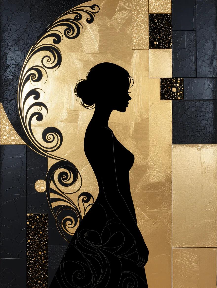 Contemporary chiaroscuro technique. Mysterious silhouette portrait. Female figure barely visible. Dramatic textured backdrop with gold leaf, fabric, and metallic tiles. Hues of charcoal and gold. Swirls and filigree.