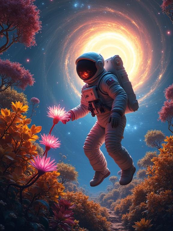 An astronaut floats in an alien jungle with glowing plants. The plants have fractal crystal leaves creating rainbows. A swirling wormhole shines in the background releasing golden particles. The astronaut's suit reflects vibrant colors as they touch a flower that bursts into cosmic dust.