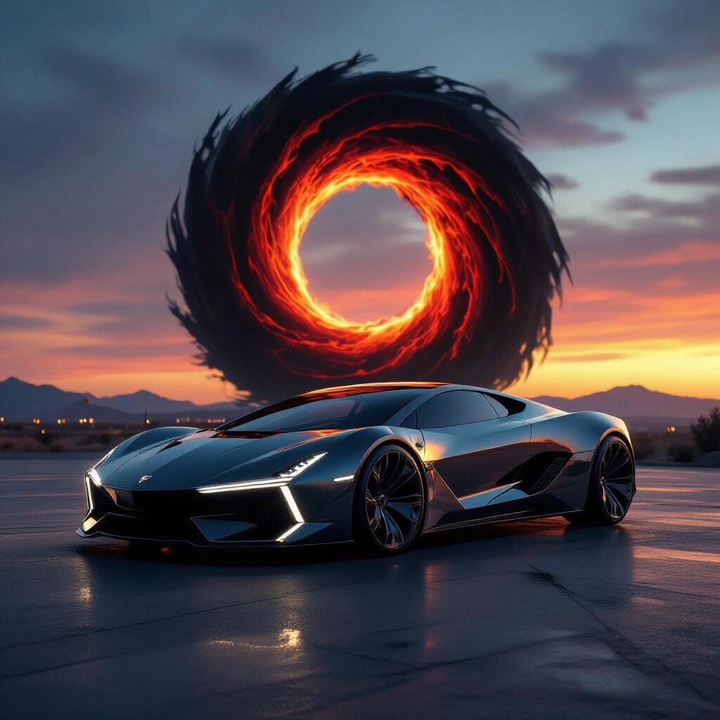 parked angular futuristic car under a dark sunset with deep grooves and a swirling alien black hole portal behind it