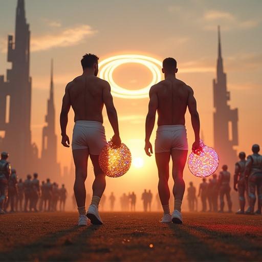 Two muscular men in white jockstraps stand back to back on a duel field. They hold large dildos with blinking lights. One dildo glows warm, the other cool. Sunset sky features orbital rings and a partially mined moon. Spectators in metallic armor surround the field. Futuristic buildings are visible in the background.