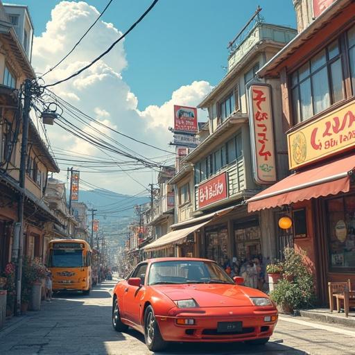 A vivid urban street scene in Japan. A bright red sports car parked on a cobblestone street. Traditional buildings in the background. Solar blue sky with a few clouds. Busy environment with people and vehicles. Captures the essence of Japanese car culture.