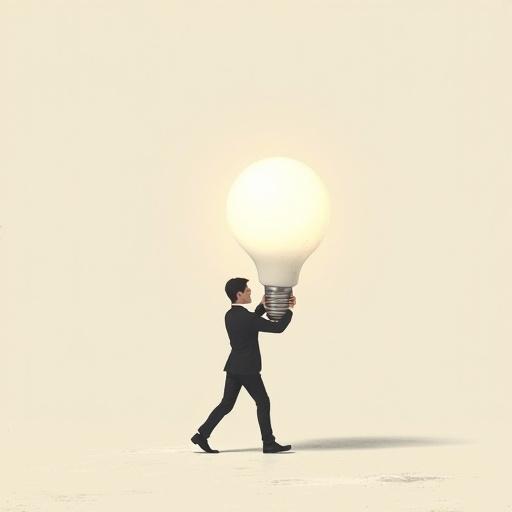 Tiny elegant human carries a giant lamp bulb. Illustration style is minimalist and surreal with oversized objects in vast negative space. Clean background creates an elegant composition. The aesthetic resembles contemporary wall art with subtle grain texture and a modern poetic tone.