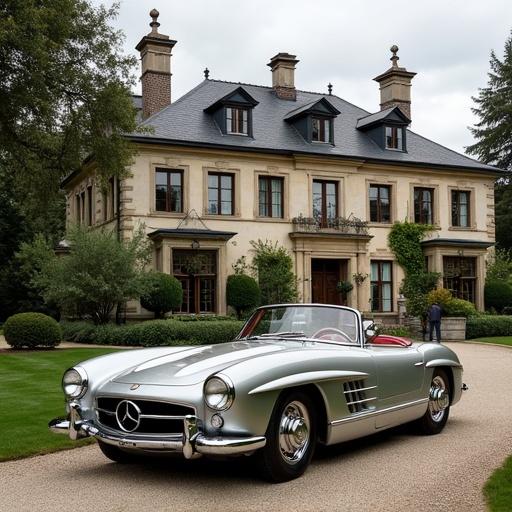 Image of a luxury historic car parked in front of an elegant European house. The scene captures a classic vehicle and a grand residence.