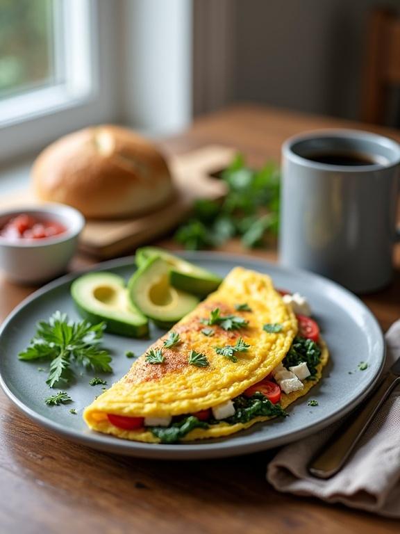Delicious omelet filled with spinach feta cheese sliced tomatoes served with sliced avocado and parsley on a grey plate beside a grey mug of coffee a small white bowl of red sauce and a loaf of bread on a wooden cutting board on a wooden table in a kitchen with a window