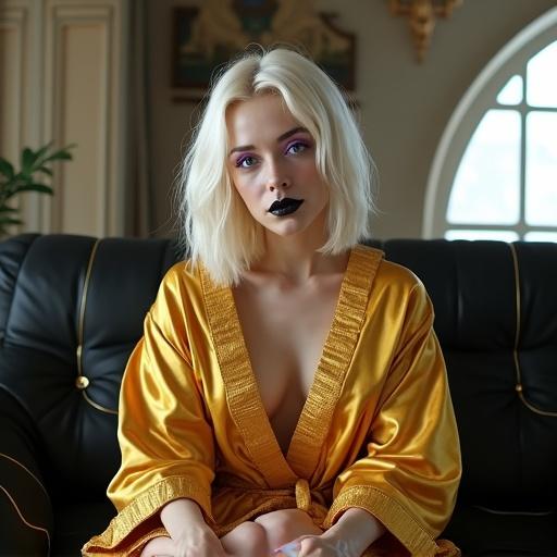 Generate a realistic image of a young pale European woman with bleach blonde bob hairstyle. She has blue eyes and is wearing purple eyeliner and black lipstick. Dressed in a futuristic gold bathrobe and gold slippers, she gives a cocky smirk. Sitting on a black and gold couch in a luxurious home in an alien city.