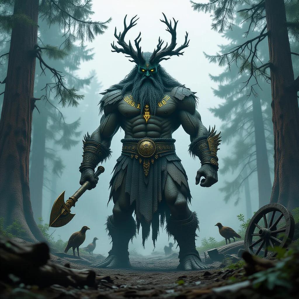 Wide-angle view of a towering figure in a misty woodland. The figure has a muscular form wearing petrified wood armor. It stands amidst toppled trees and broken weapons, with frightened wildlife in the background. The setting is mystical with diffused lighting.