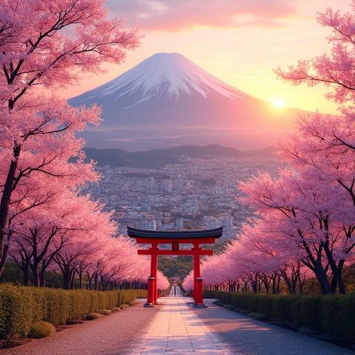 Panoramic view of a Japanese city featuring Mount Fuji in the background. Ground covered with cherry blossoms during sunrise. Pathway lined with red Torii gates.