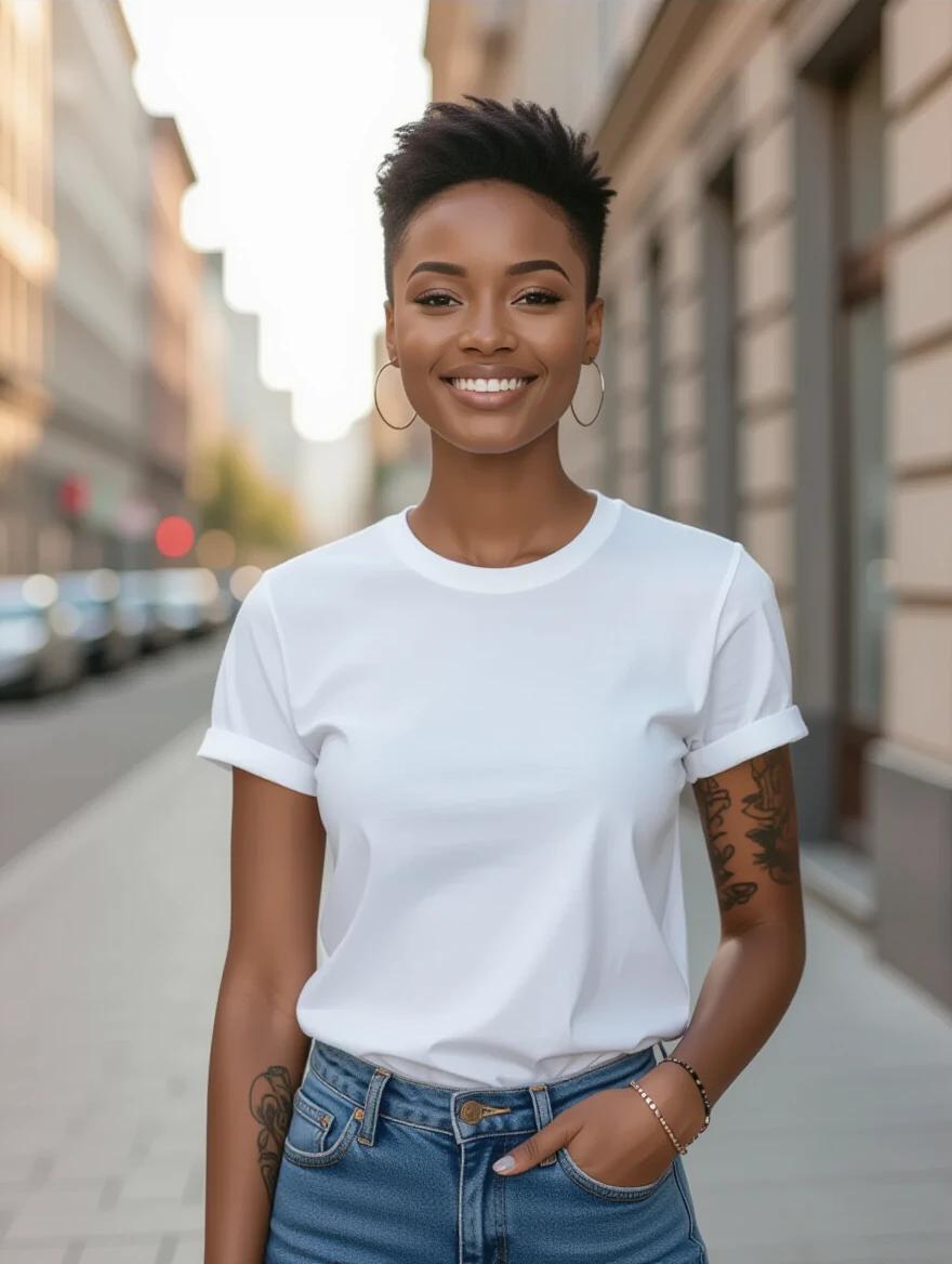 Stylish young woman with short hair wearing a plain white t-shirt. She stands casually in a city street during daylight. Background features urban elements. The woman has wrist bracelets and one arm includes a tattoo sleeve. The style is clean and simple, emphasizing the T-shirt fabric and casual pose.