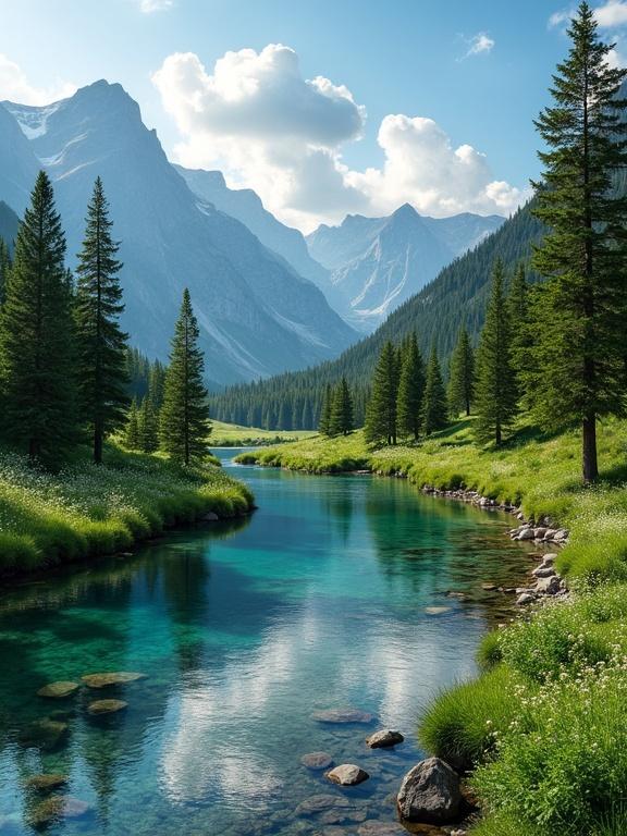 Image of a river flowing through a forested mountain valley. The sky is bright blue with fluffy clouds. The river is clear and blue-green. The forest is lush with evergreen trees. Mountains rise dramatically in the background. Sunlight creates a warm glow over the scene. Rocks are visible in the water.