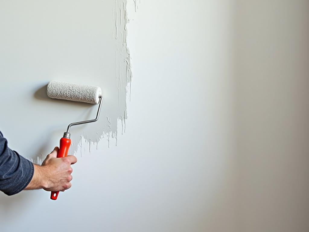 Worker painting with roller brush on a wall. Grey paint applied to a surface. White space left for text. Close-up of roller and hand.