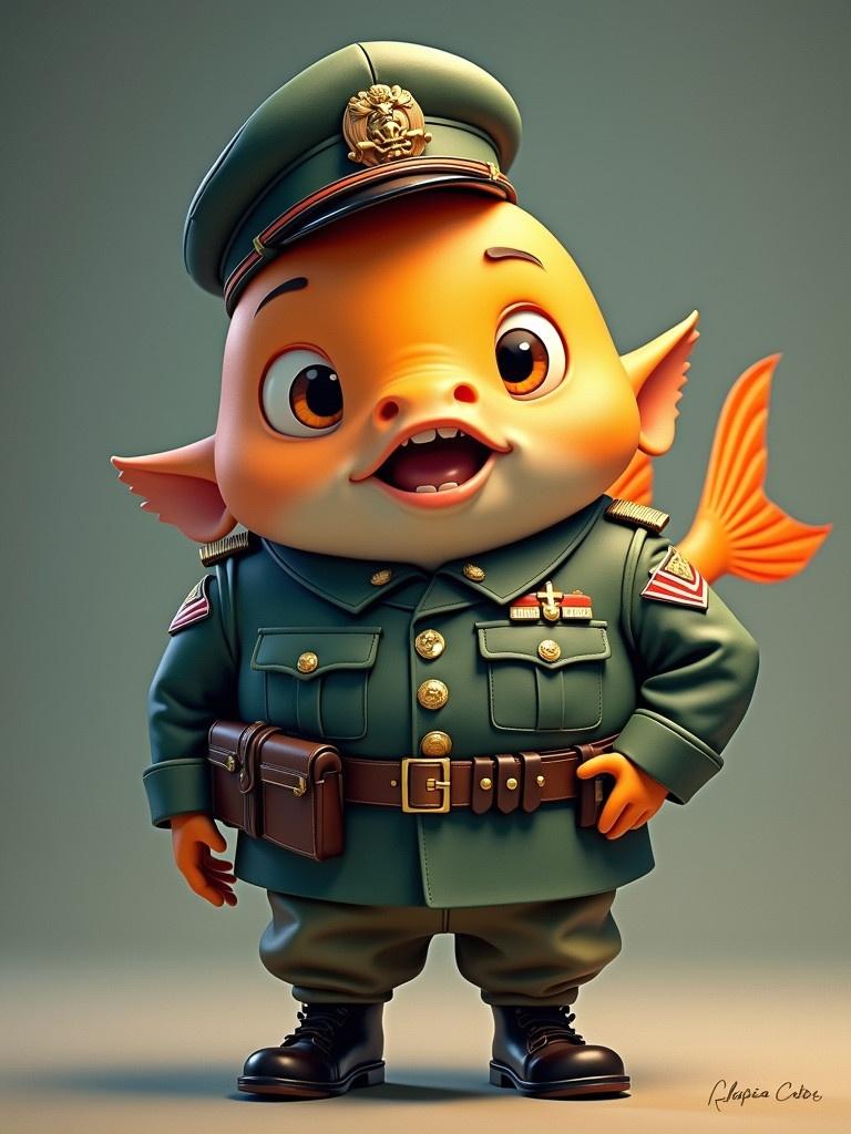 A cartoon character with fish features wearing a military uniform. Character stands confidently with hands on hips. The uniform has badges and accessories. The fish tail is visibly detailed. Color palette includes green and orange tones.