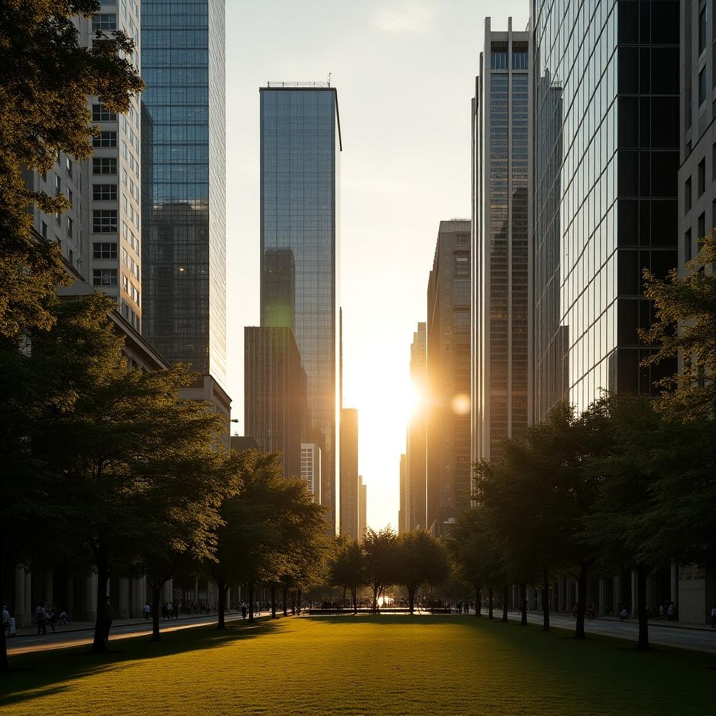 Warm atmosphere with modern skyscrapers in the background and sun shining