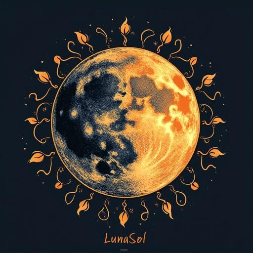 Intricate vector style logo depicting a moon and sun together with the name LunaSol