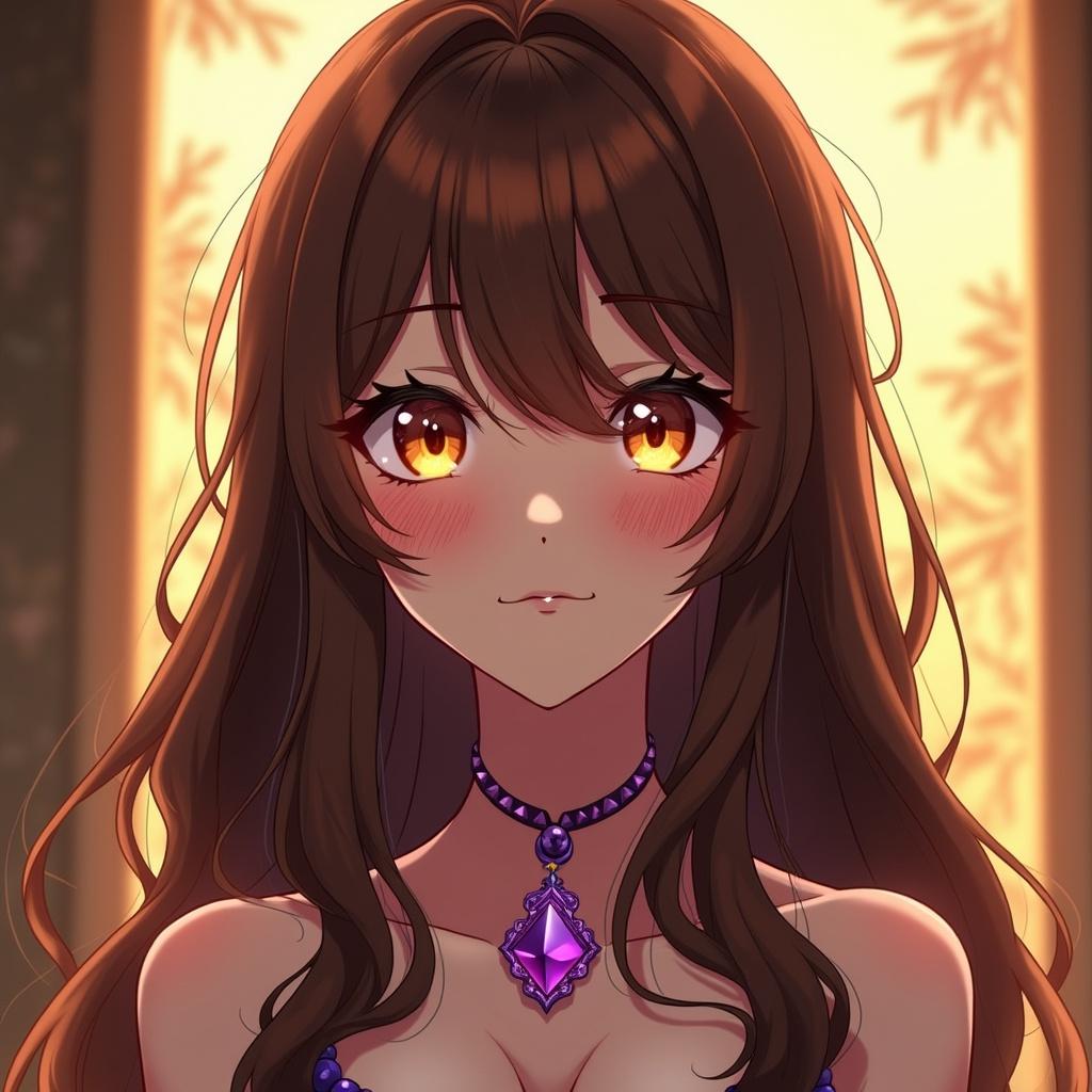 Rich color anime illustration of a girl with long brown hair and orange eyes. She wears a purple gemstone necklace. Warm lighting enhances the overall aesthetic.