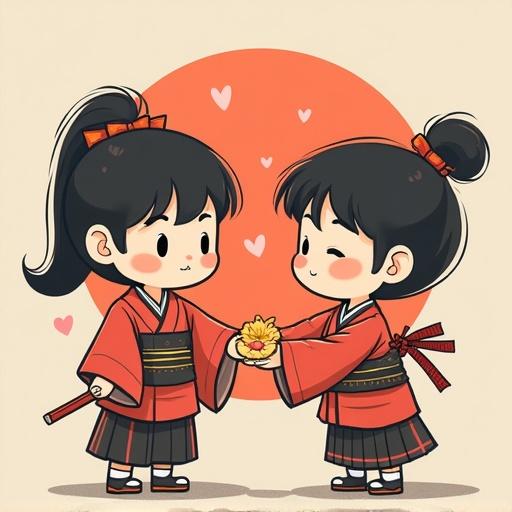 Two Japanese kids in traditional clothing exchanging a flower. Soft background with hearts. Character design is cute and childlike.
