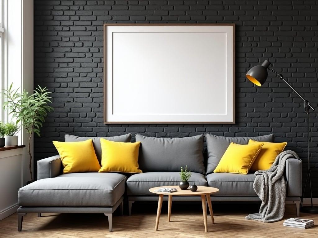 This is a mock-up picture of a cozy living room interior. The room features a modern grey sectional sofa adorned with yellow pillows. A large empty frame hangs on a dark brick wall, perfect for displaying art. Next to the sofa, there is a small coffee table with a couple of decorative objects. A stylish floor lamp stands nearby, contributing to the warm ambiance. The wooden flooring and slight clutter with magazines and a blanket add a homely touch to the scene.