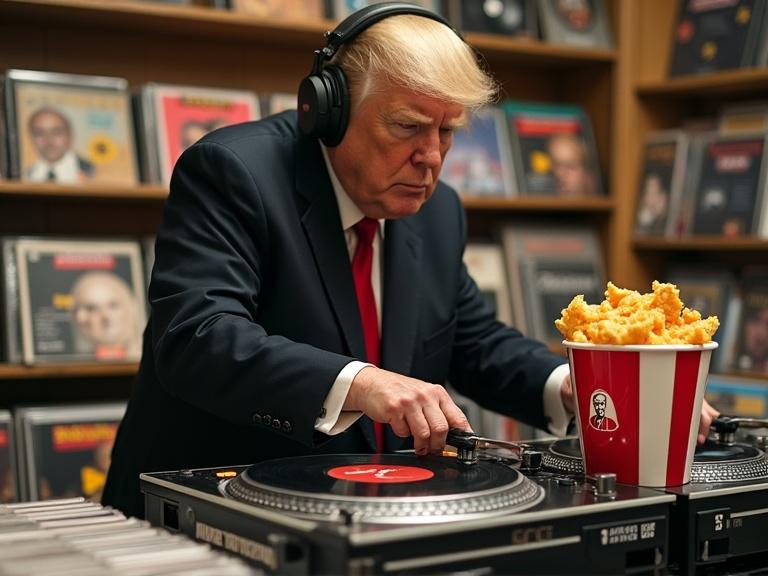 DJ turntables with vinyl records. Figure wears headphones. KFC chicken bucket nearby. Inside a local record store with vinyl collection.