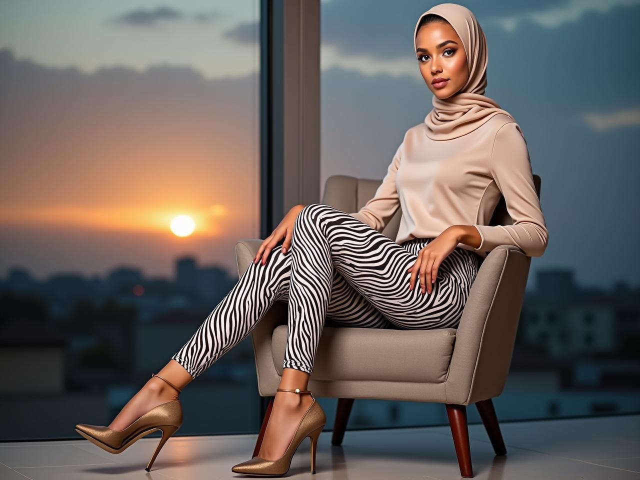 A young woman wearing a hijab sits elegantly on a chair, displaying a fashionable style. She is dressed in a light beige top paired with eye-catching leggings that have a zebra print design. Her high-heeled shoes enhance her chic look. The background features a large window reflecting the colorful sky at sunset. The overall ambiance is calm and fashionable, highlighting her striking blue eyes and confident pose.