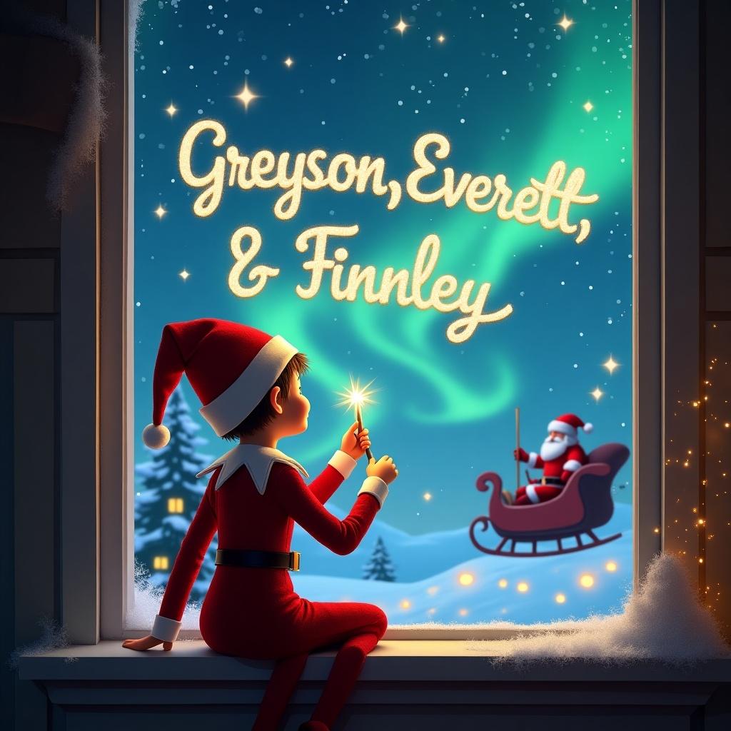 The image features a charming elf seated on a window ledge, gazing up at the vibrant sky. He is using a wand to magically inscribe the names 'Greyson, Everett, & Finnley' in sparkling letters. The enchanting background showcases a beautiful Christmas night filled with twinkling stars and the mesmerizing northern lights. In the distance, Santa Claus rides in his sleigh, contributing to the holiday spirit. The elf is dressed in a vibrant red outfit with a classic pointed hat, perfectly capturing the festive atmosphere.