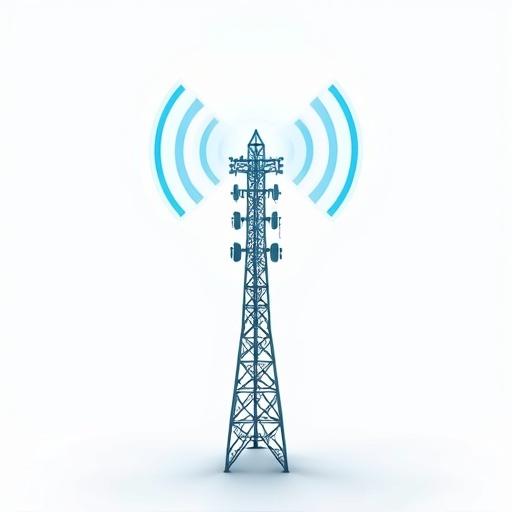 Visual representation of a cell tower emitting blue radio waves on a white background. The tower is shown in full height with stylized waves radiating from the antennas.