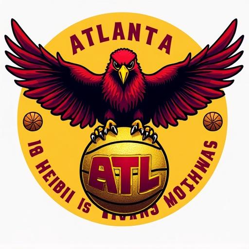 A bold graphic design showcases the red hawk mascot of the Atlanta Hawks. The hawk has sharp yellow eyes and wings spread protectively. It hovers over a textured golden basketball with the letters 'ATL' in red. The background is a vibrant yellow circle. The team name 'ATLANTA HAWKS' is in golden font with basketball accents. The phrase 'A BEACON OF POWER AND ZEAL' is subtly included. The design exudes energy and power.