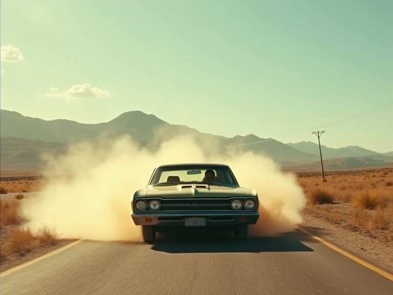 Conceptual art depicting a 1970s chase scene aesthetic on a desolate highway near Monterrey with the Cerro de la Silla in the distance. A modified vintage American car accelerates, kicking up dust. Focus is on the car symbolizing speed and imminent danger. The color palette consists of warm dusty tones beneath a vast sky.