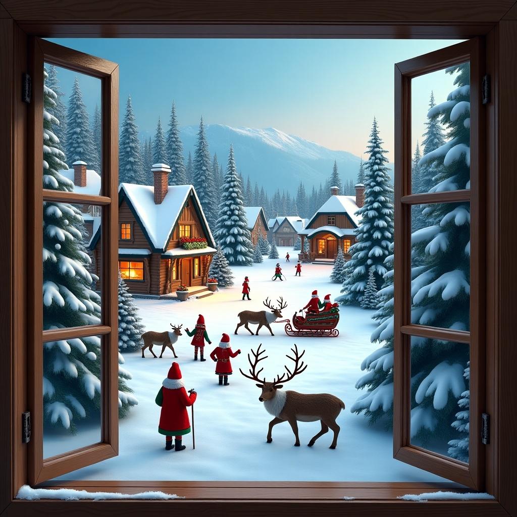 Window view showing the North Pole. Snow covers the ground and trees. Elves and reindeer interact in a magical scene. Candy cane homes create a festive atmosphere.