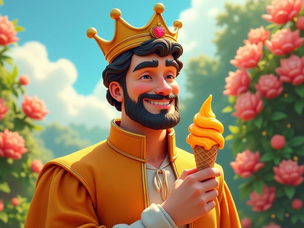 The image features a cheerful prince in a golden crown holding a mango ice cream cone. He is dressed in a bright costume, radiating happiness while surrounded by lush pink flowers. The background is vibrant, depicting a soft blue sky and bright sunlight. This scene evokes a lighthearted and whimsical feel, perfect for capturing the joy of summer treats. The prince's smile adds to the playful nature of the image, highlighting the fun of enjoying ice cream in a fairytale setting.