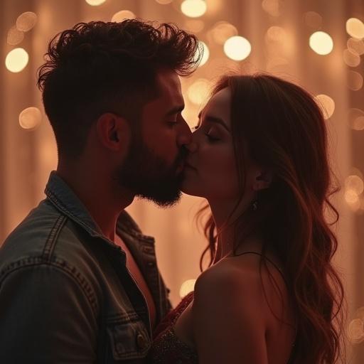 A couple sharing a romantic kiss against a soft bokeh background in warm colors