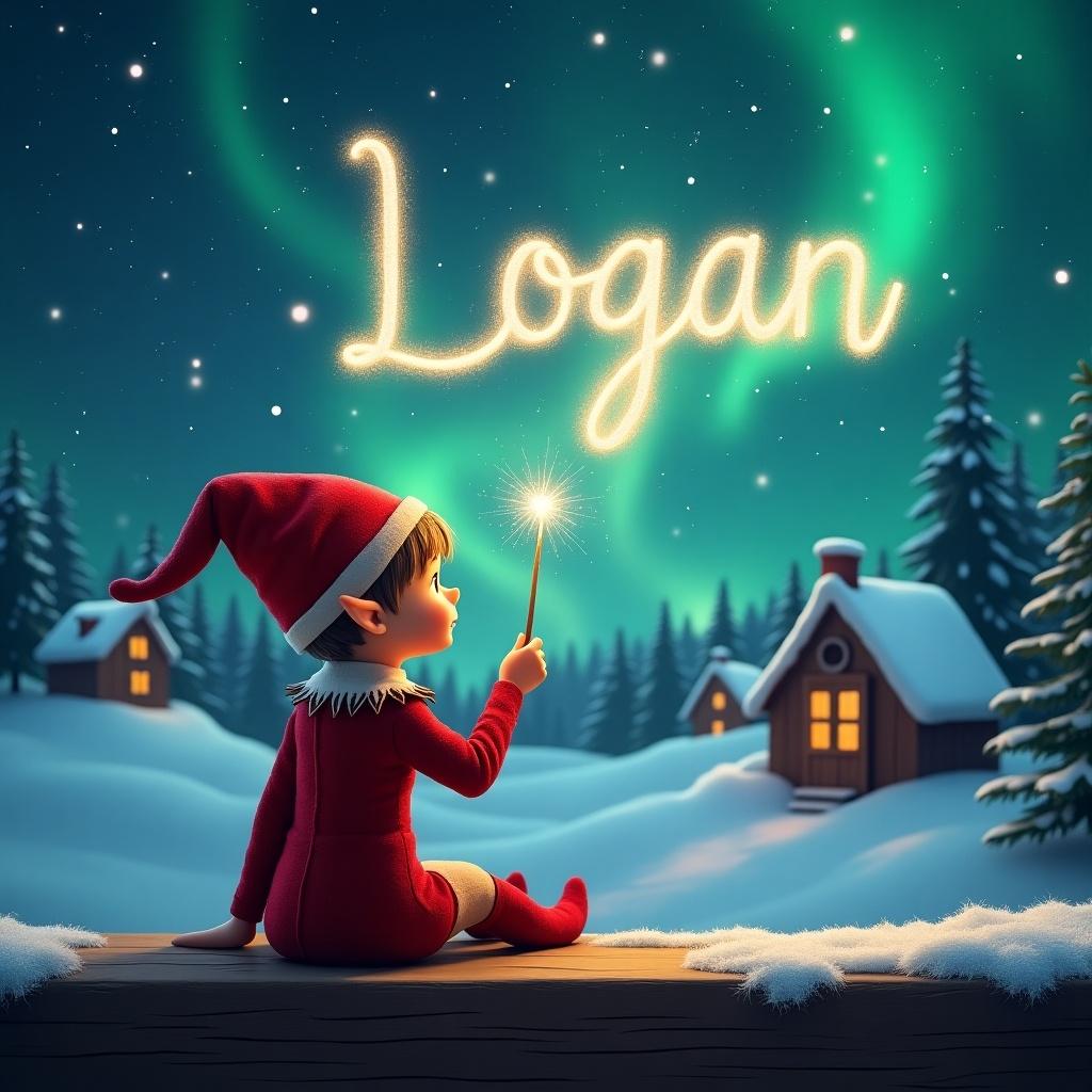 An elf sits on a wooden ledge, dressed in a cozy red outfit and a pointed hat. The elf faces a magnificent sky filled with magical elements. In one hand, the elf holds a sparkling wand, writing the name 'Logan' elegantly in the air. Below, a whimsical landscape spreads with snow-covered ground and quaint little houses. Evergreen trees stand tall, creating a fairy-tale atmosphere. The entire scene is illuminated by the enchanting glow of the Northern Lights, evoking a sense of childhood wonder and festive magic.