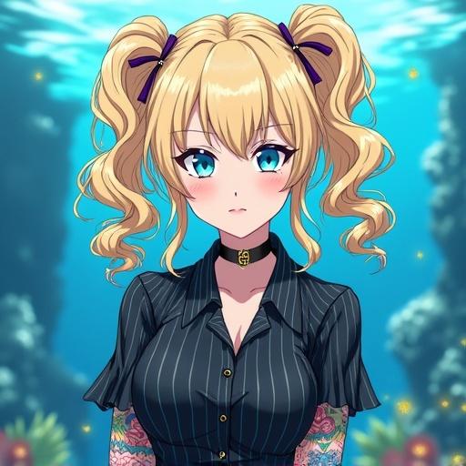 Anime character with large light blonde curly pigtails and piercing frost blue eyes. Wearing a professional pinstriped office dress in a modern luxurious aquarium setting. Features colorful tattoos and a professional look, showcasing a blend of cultures.