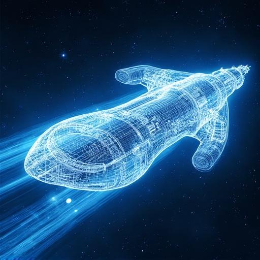 Cutaway view of a spacecraft with internal components. Abstract image of blue and white energy waves. Starry background. Intricate details.