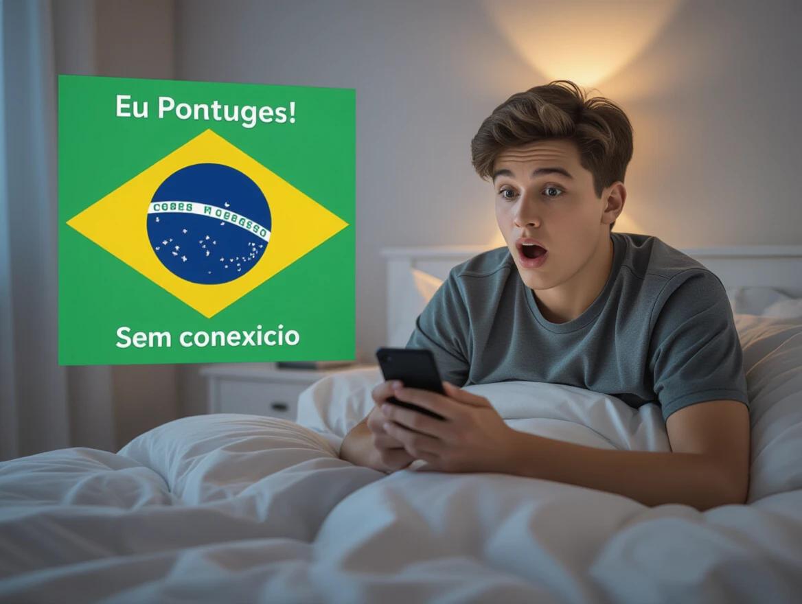 Teenager just woke up sitting on the bed with a smartphone in hand. On smartphone screen, text reads Eu Pontuges! Sem conexão. Teenager shows surprise and fear at no internet connection.