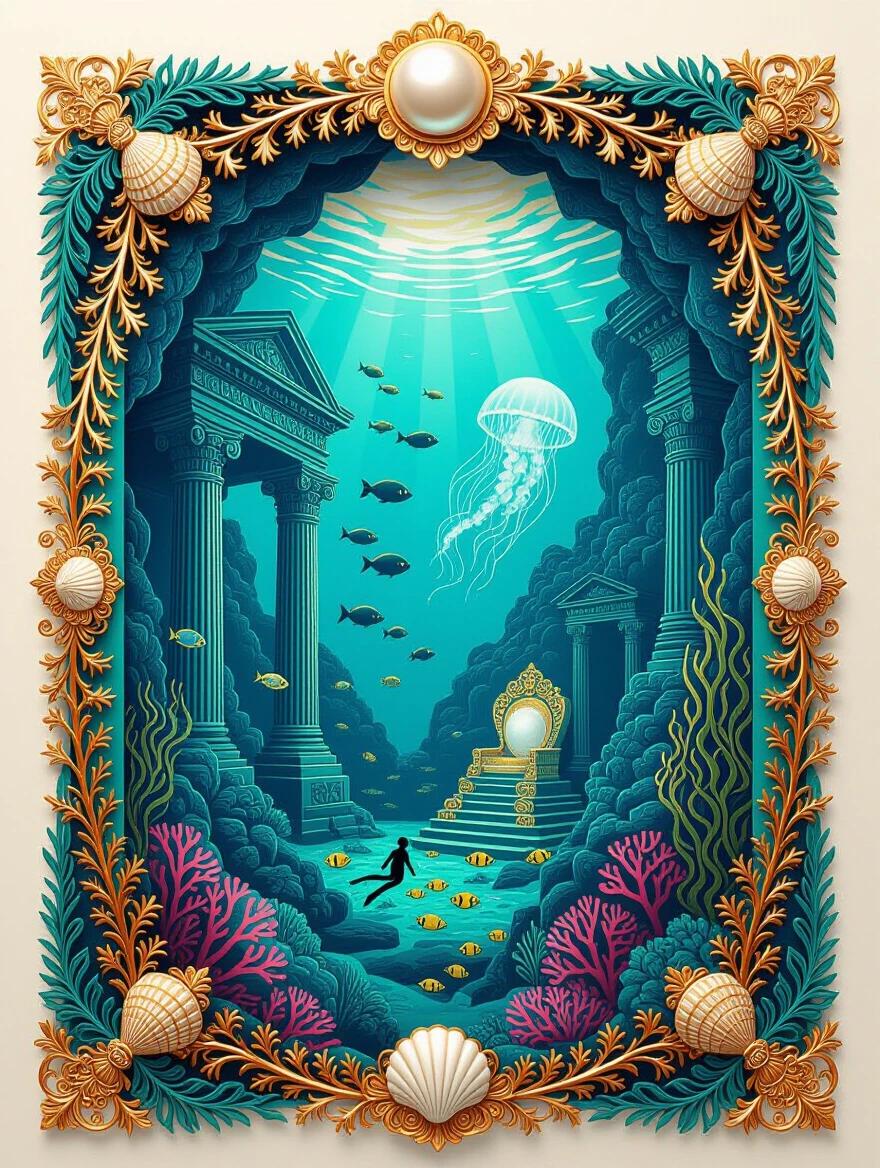 Intricate paper-cut art illustration framed by ornate border. Central scene shows sunken treasure chamber with columns and golden artifacts. Tropical fish swim among ancient ruins. Pearl glows on coral throne. Kelp forests and jellyfish drift in blue-green waters. Diver silhouette explores palace. Sunlight creates rays through ocean. Decorative frame features seaweed patterns and shell motifs. Layered technique creates depth. Contrast between warm treasure light and dark ocean depths. Rich oceanic color palette.